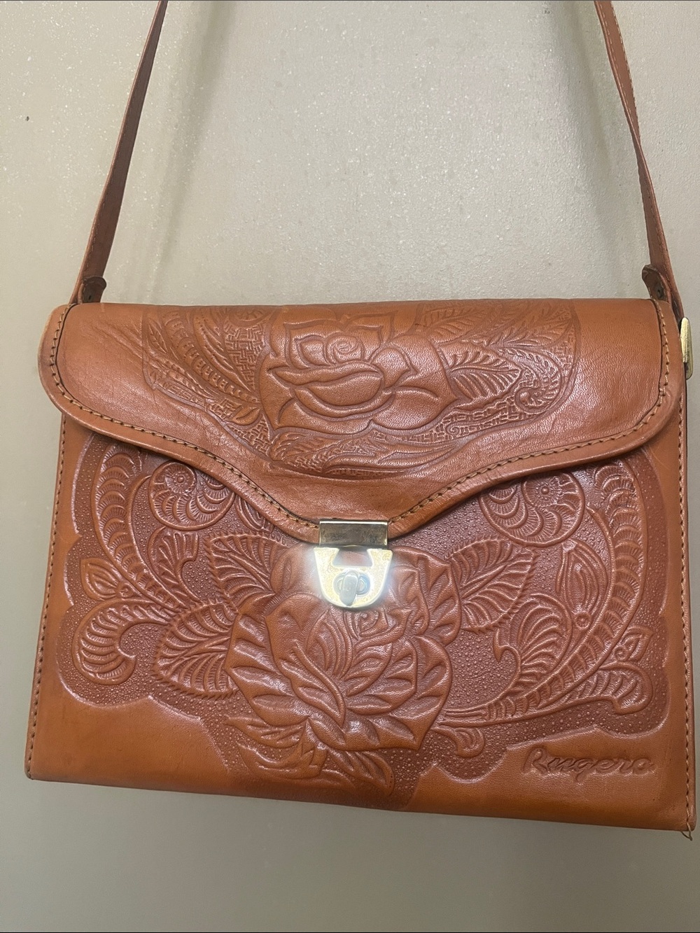 Vintage Tooled Floral Tan Leather Crossbody Bag with Gold Hardware